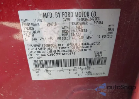 2009 Ford Edge Sel из США, поврежденный, VIN 2FMDK38CX9BA60578